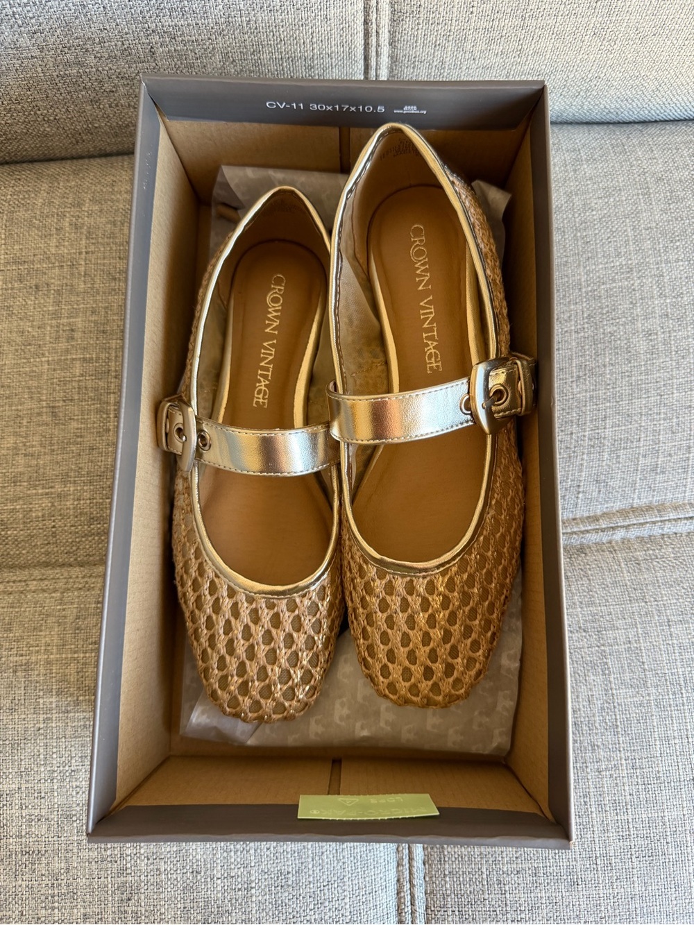 Crown Vintage Girls Gold Woven Mary Janes with Metallic Strap